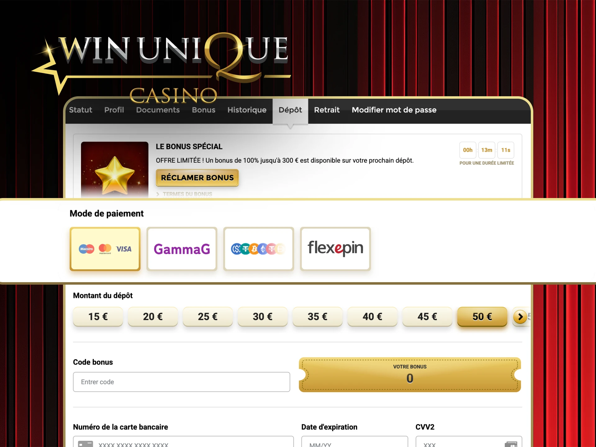 Déposez facilement et commencez à jouer au Win Unique Casino.