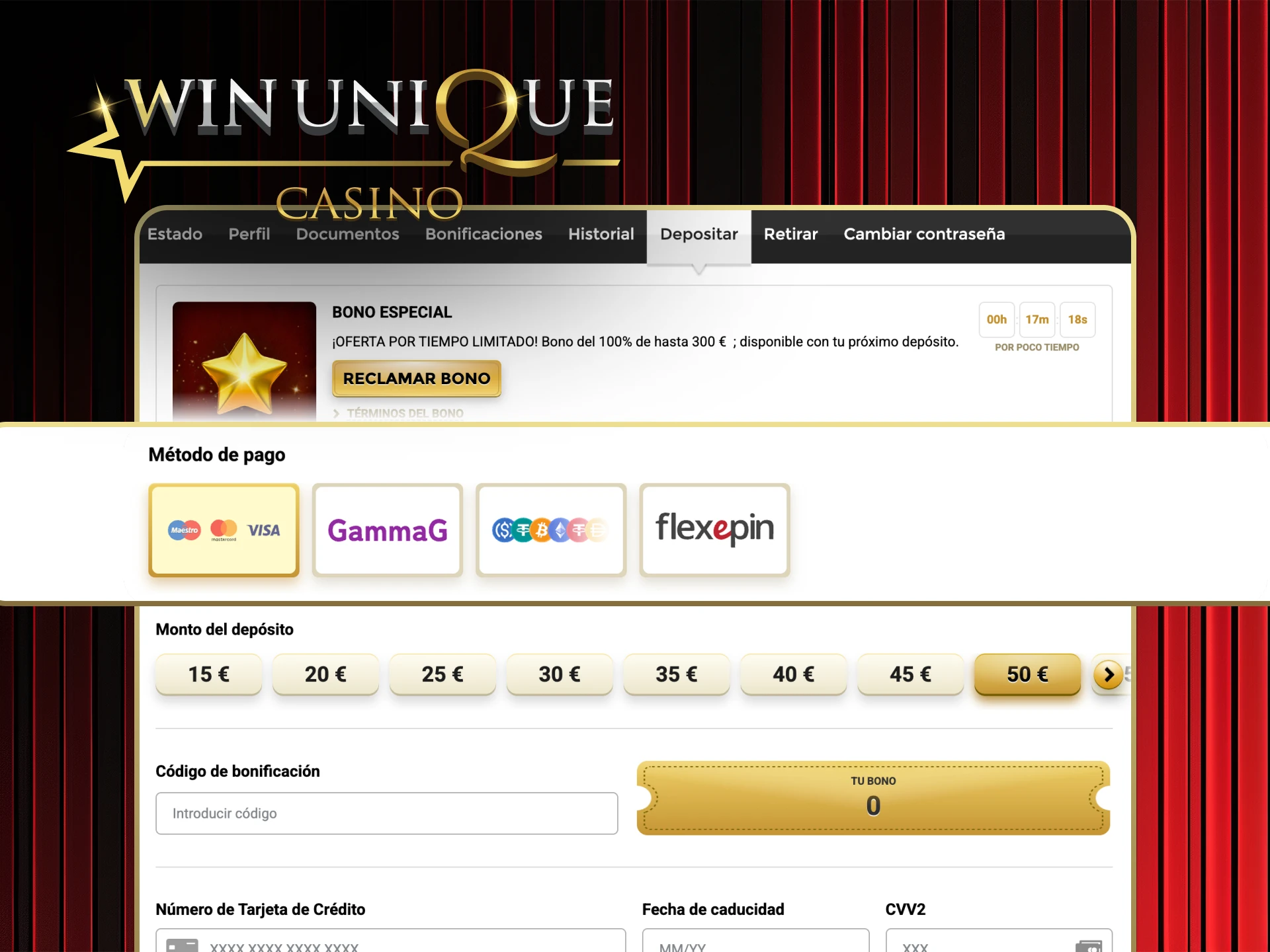 Deposite fácilmente y comience a jugar en Win Unique Casino.