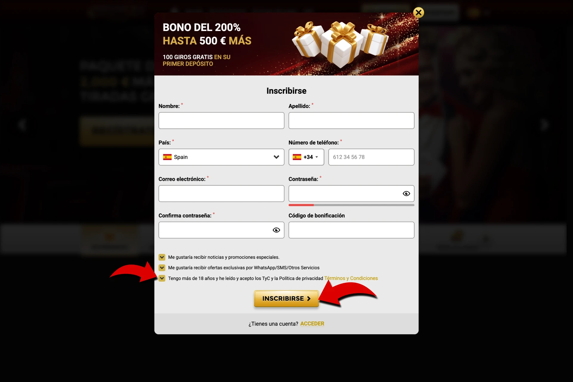 Complete el proceso de registro y obtenga acceso a los juegos de Win Unique Casino.