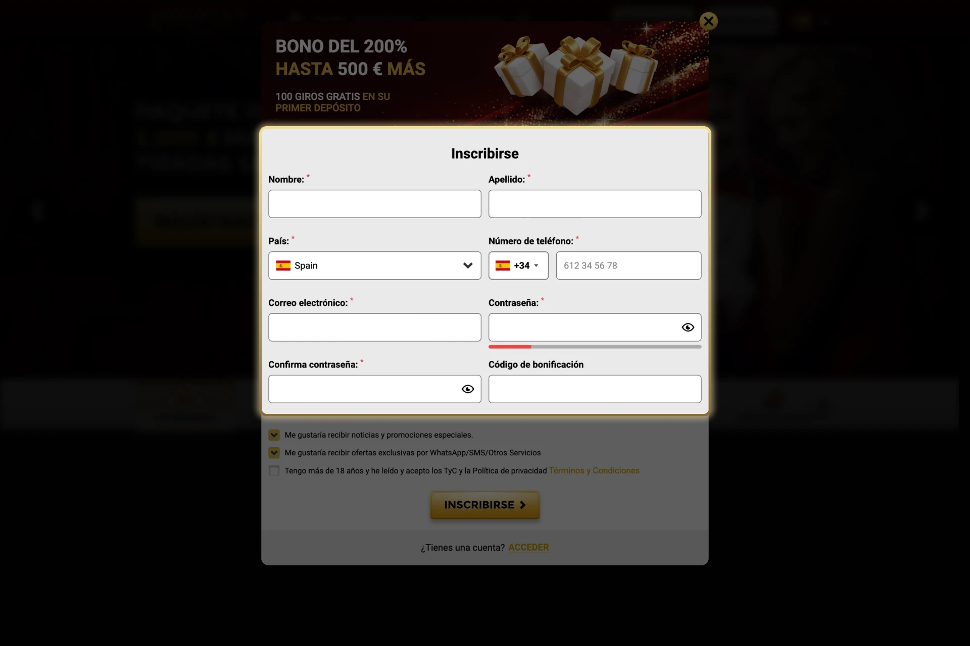 Ingrese sus datos para crear una cuenta en Win Unique Casino.