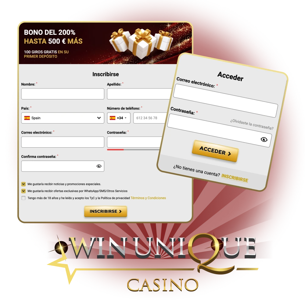 Regístrate en Win Unique Casino en 1 minuto y comienza a jugar.