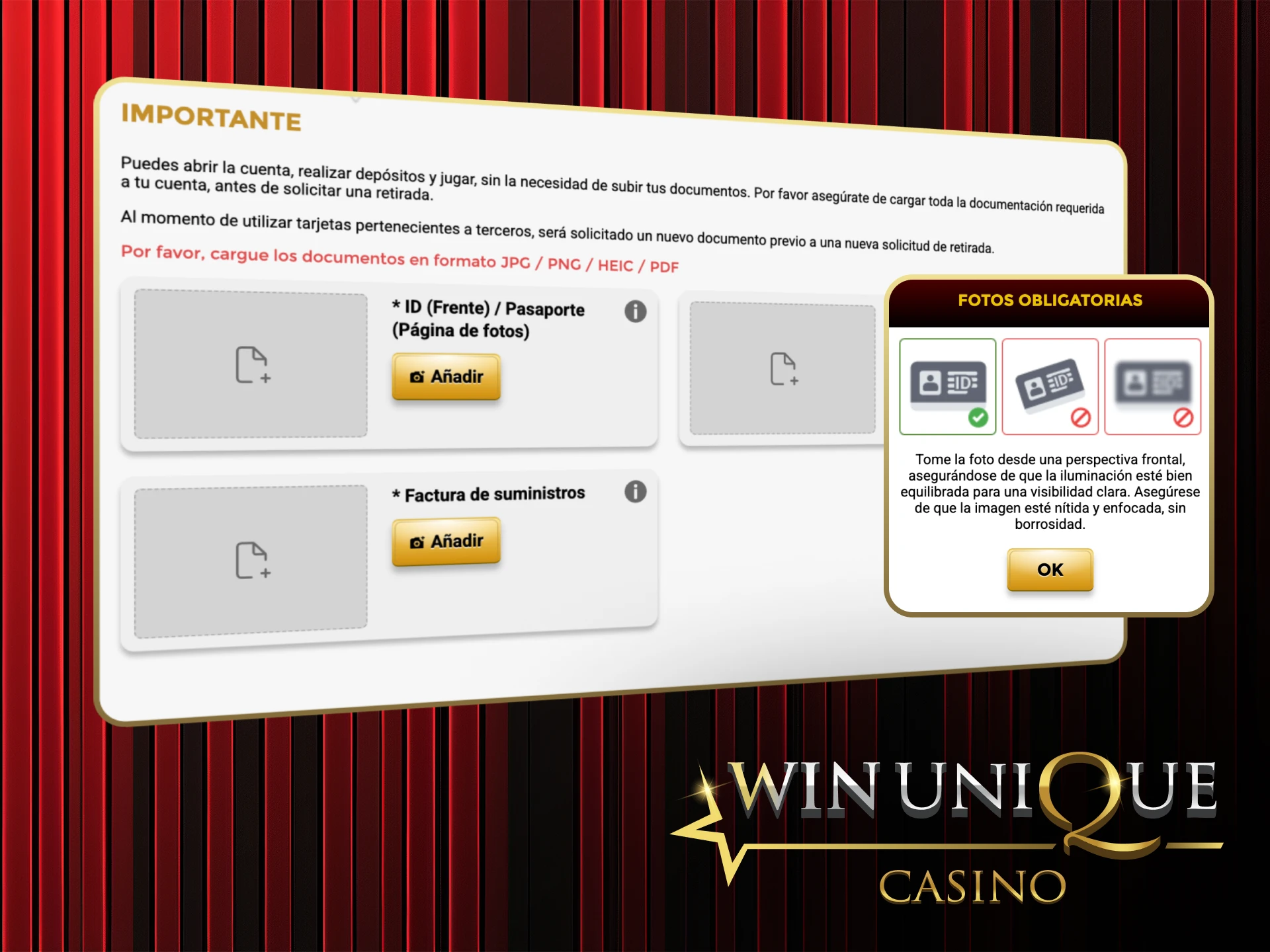 Complete el sencillo proceso KYC y desbloquee su experiencia completa en Win Unique Casino.